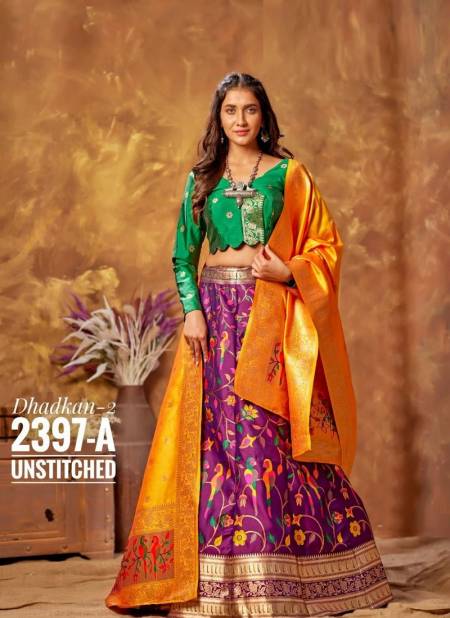 Purple And Green Colour Latest Exclusive Wedding Wear Silk Printed Designer Lehenga Choli Collection 2397-A